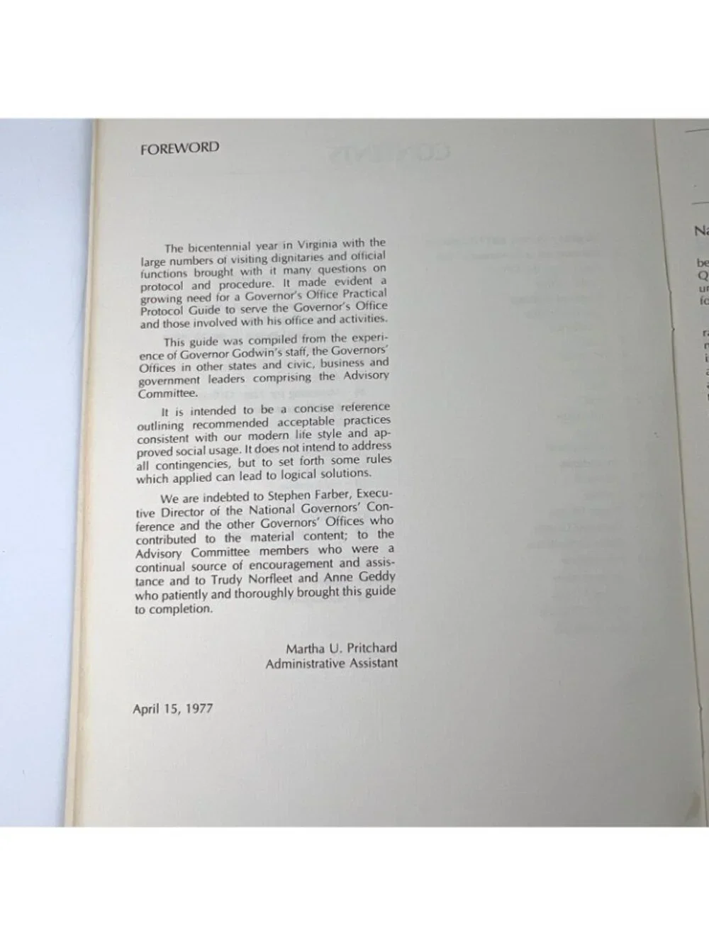 1977 Virginia State Practical Protocol Guide Governor Mills E Godwin Booklet